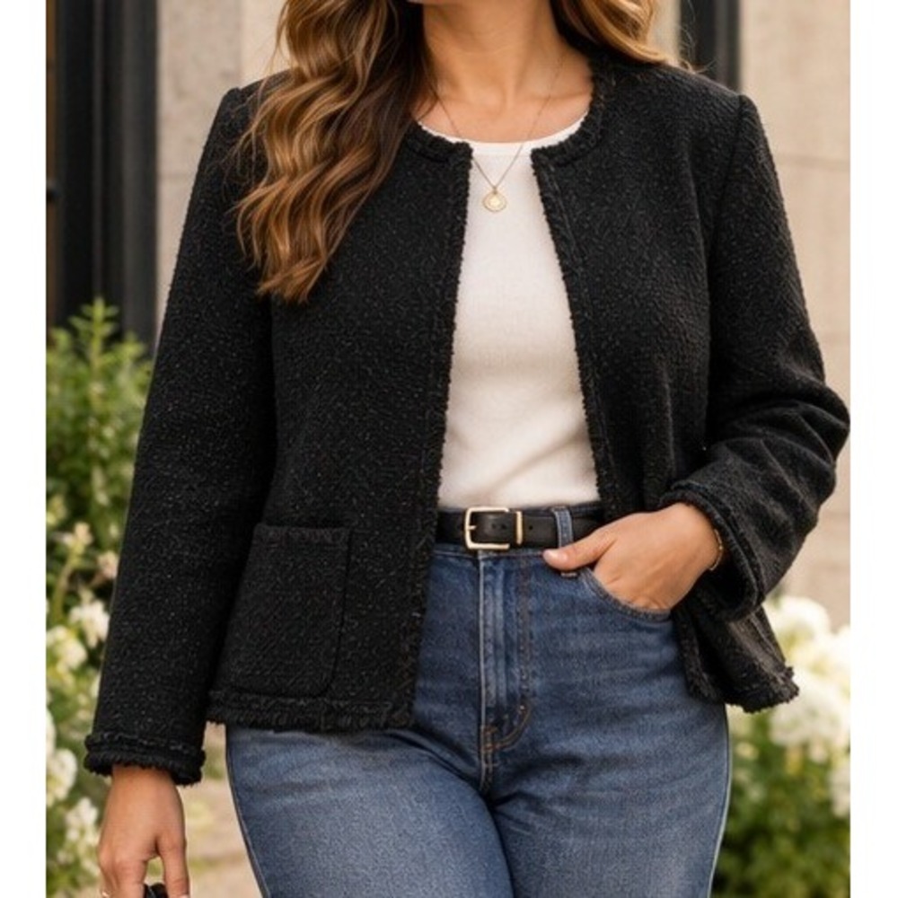 Villager Liz Claiborne Women 16 Black Tweed Open Front Fringed Blazer Jacket